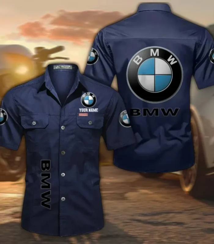 Sports Sedan Men's Short Sleeve Button-Up Shirt, Custom Name CAR392 - Dark Blue