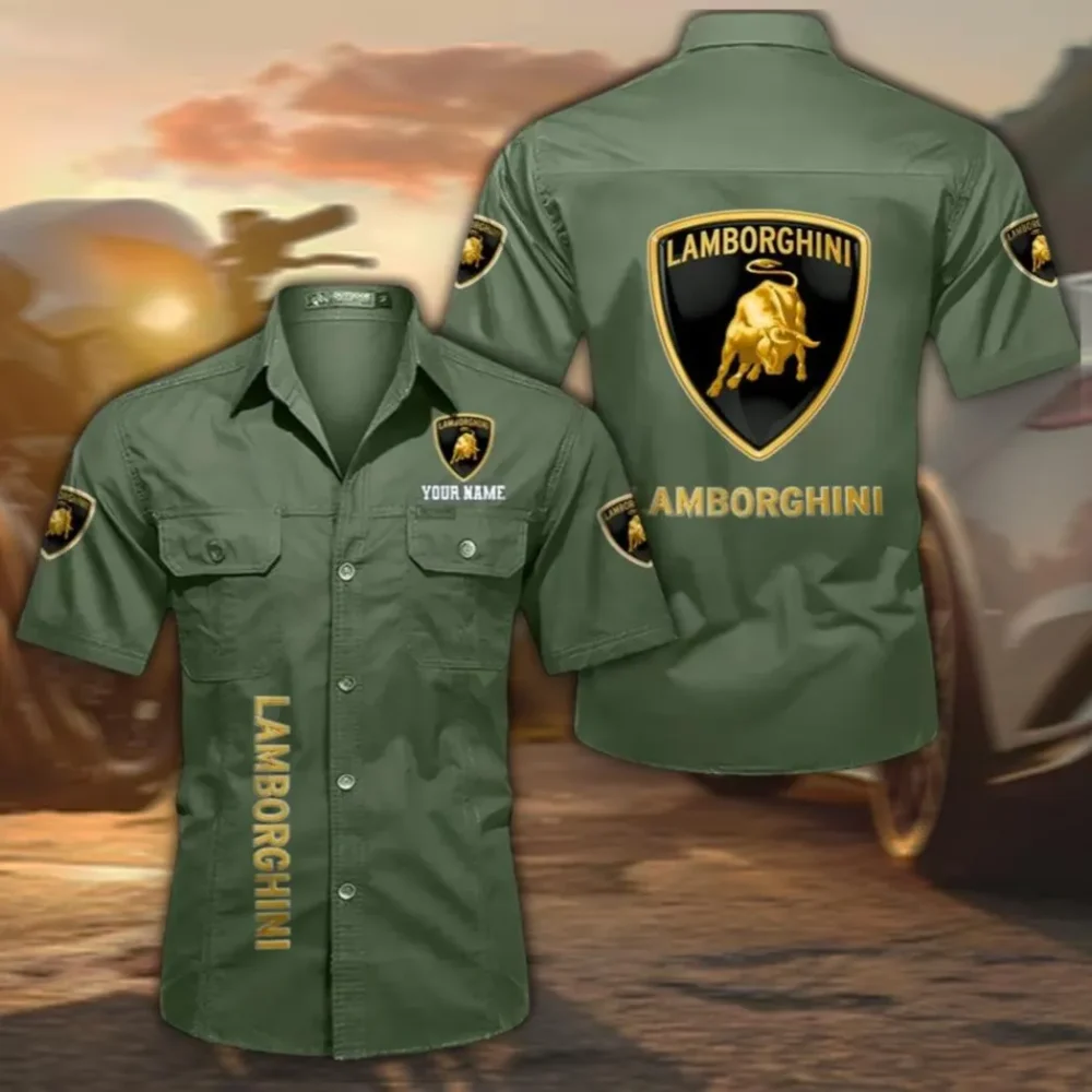 Track-Ready Supercar Men's Short Sleeve Cotton Shirt, Custom Name CAR392 - Army Green