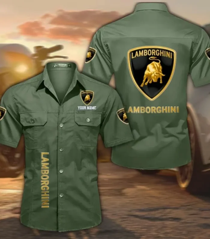 Track-Ready Supercar Men's Short Sleeve Cotton Shirt, Custom Name CAR392 - Army Green