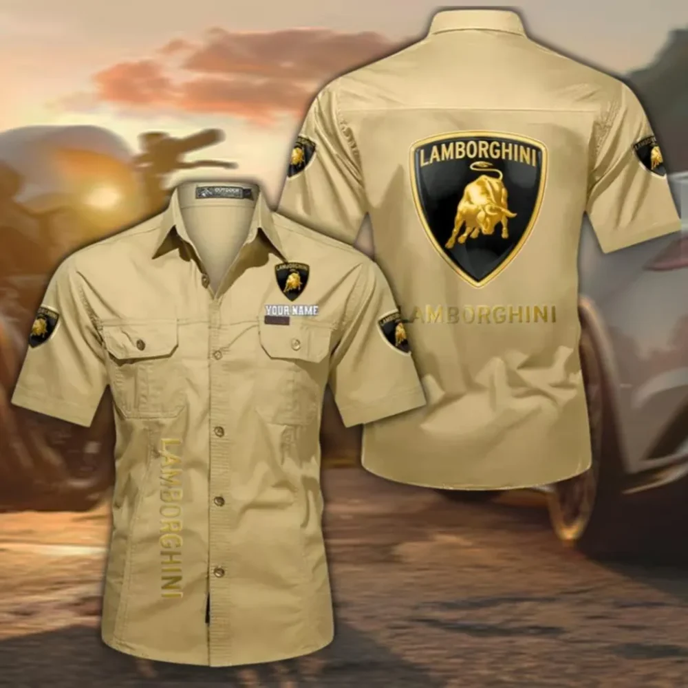 Exotic Sports Car Men's Short Sleeve Cotton Button Shirt, Custom Name CAR392 - Khaki