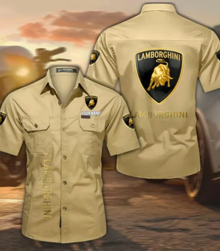 Exotic Sports Car Men's Short Sleeve Cotton Button Shirt, Custom Name CAR392 - Khaki