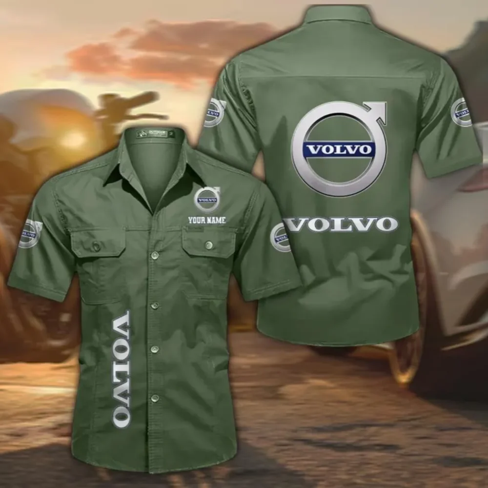 Swedish Car Brand Men's Cotton Short Sleeved Shirt, Custom Name CAR392 - Army Green