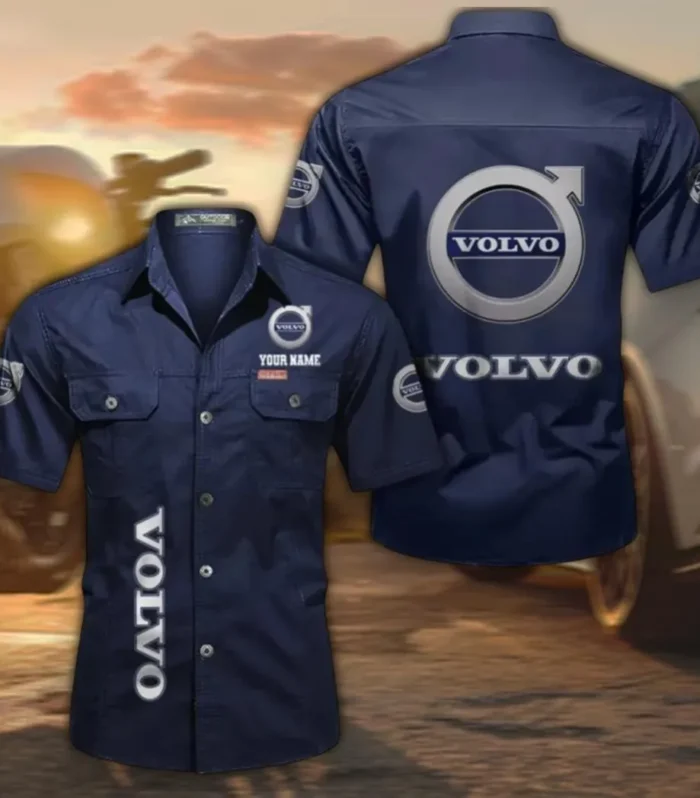 Safety-Focused Vehicle Brand Men's Short Sleeve Button-Up Shirt, Custom Name CAR392 - Dark Blue