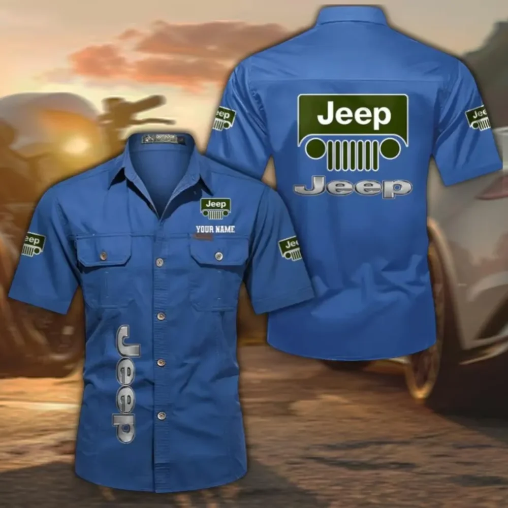 Rugged Terrain Auto Brand Short Sleeve Cotton Shirt, Custom Name CAR392 - Cowboy Blue