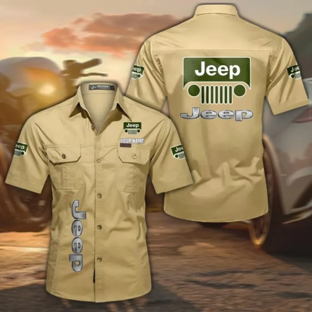 Compact Off-Road Vehicle Men's Short Sleeve Cotton Button Shirt, Custom Name CAR392 - Khaki