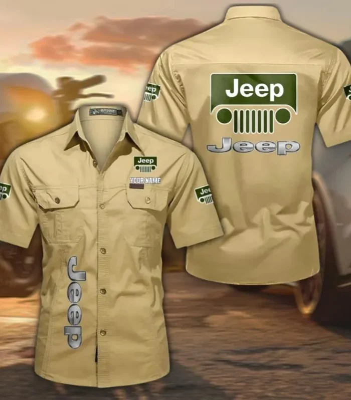 Compact Off-Road Vehicle Men's Short Sleeve Cotton Button Shirt, Custom Name CAR392 - Khaki