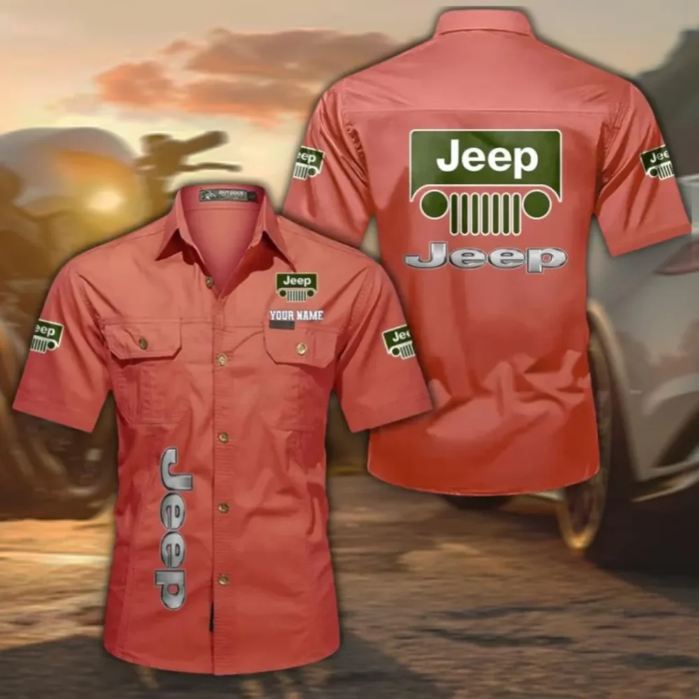 Adventure Utility Vehicle Casual Short Sleeve Shirt, Custom Name CAR392 - Red