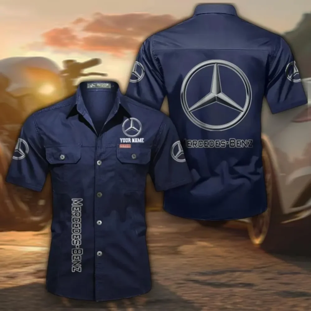 Performance Vehicle Men's Short Sleeve Button-Up Shirt, Custom Name CAR392 - Dark Blue