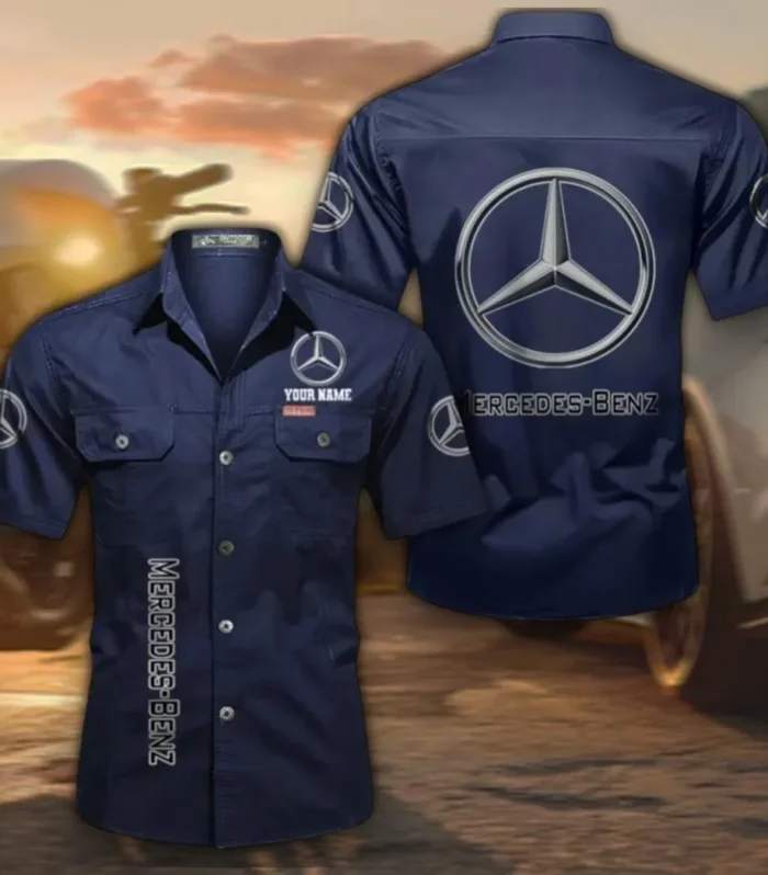 Performance Vehicle Men's Short Sleeve Button-Up Shirt, Custom Name CAR392 - Dark Blue