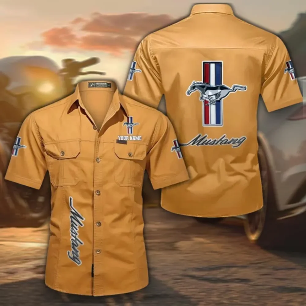 Classic American Car Men's Short Sleeved Cotton Shirt, Custom Name CAR392 - Turmeric