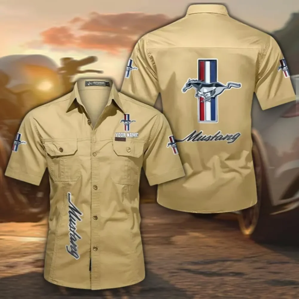 Sports Car Men's Short Sleeve Cotton Button Shirt, Custom Name CAR392 - Khaki
