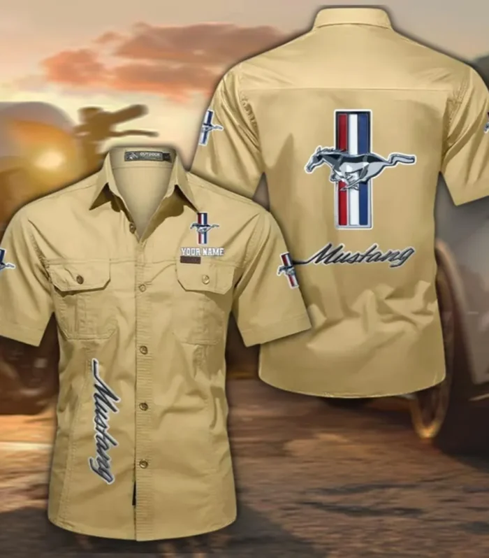 Sports Car Men's Short Sleeve Cotton Button Shirt, Custom Name CAR392 - Khaki