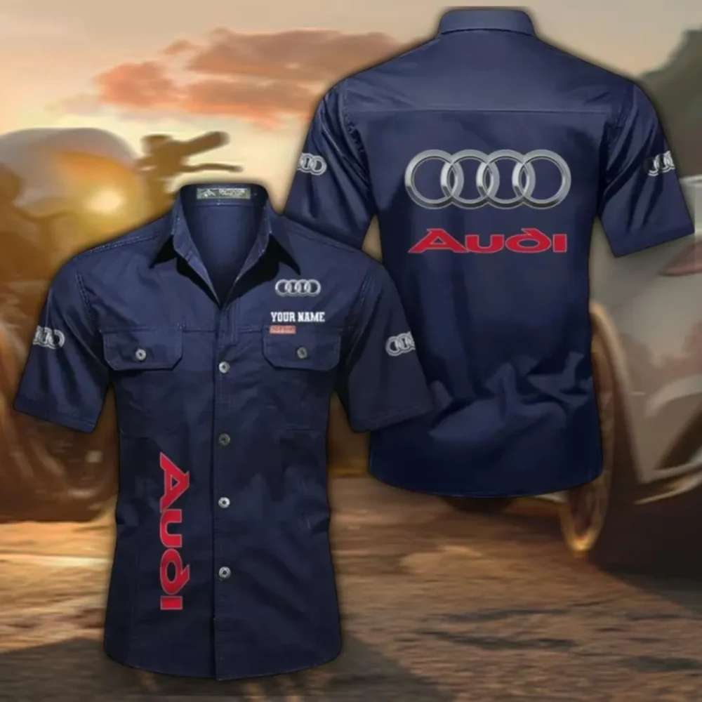 High-End Car Men's Short Sleeve Button-Up Shirt, Custom Name CAR392 - Dark Blue