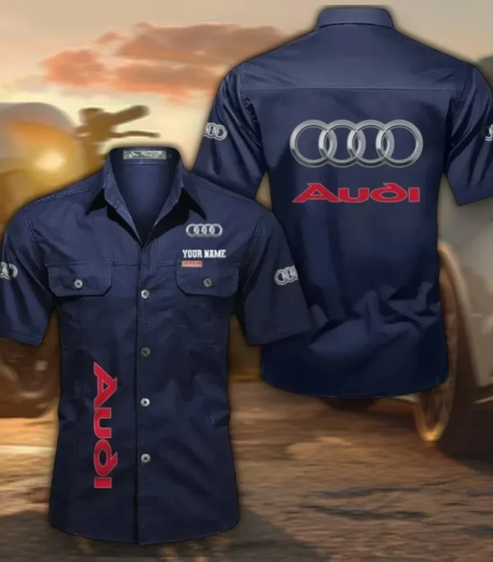 High-End Car Men's Short Sleeve Button-Up Shirt, Custom Name CAR392 - Dark Blue