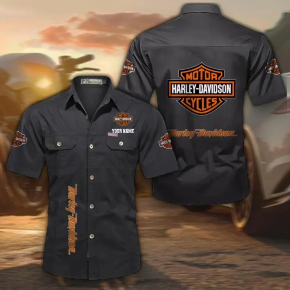 Two-Wheel Freedom Men's Cotton Casual Short Sleeve Shirt, Custom Name CAR392 - Black