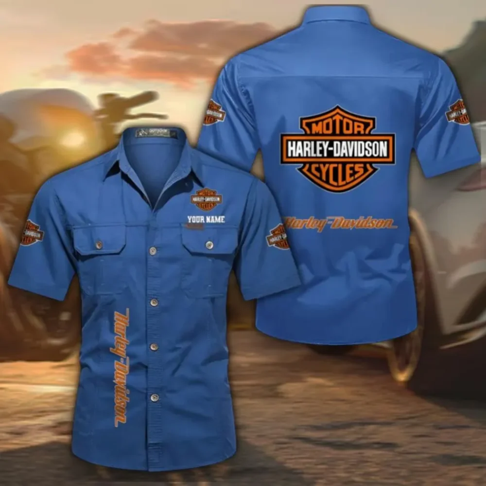 Chopper Style Short Sleeve Cotton Shirt, Custom Name CAR392 - Cowboy Blue