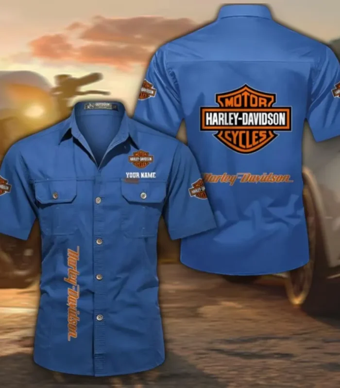Chopper Style Short Sleeve Cotton Shirt, Custom Name CAR392 - Cowboy Blue