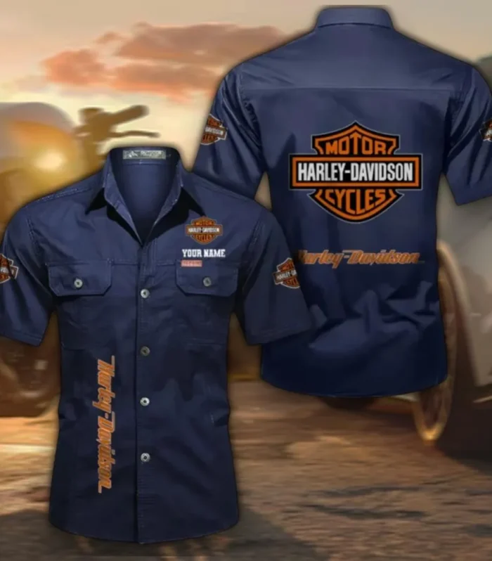 Chopper Style Lightweight Men's Short Sleeved Cotton Shirt, Custom Name CAR392 - Dark Blue