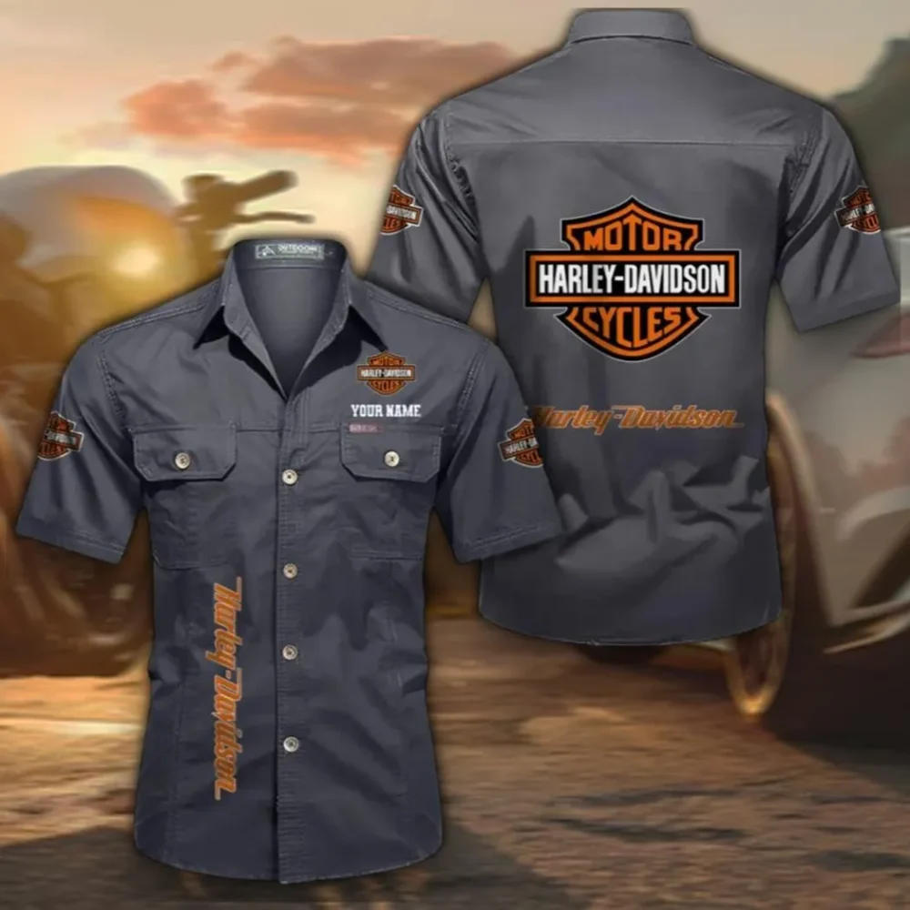 Chopper Style Cotton Short Sleeve Shirt, Custom Name CAR392 - Gray