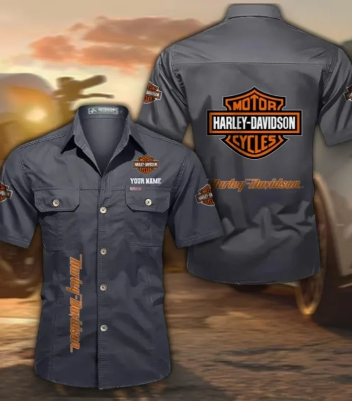 Chopper Style Cotton Short Sleeve Shirt, Custom Name CAR392 - Gray
