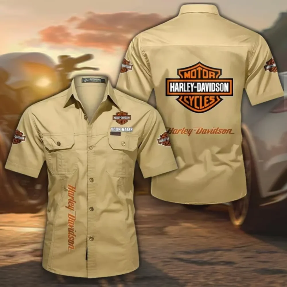 Biker Icon Men's Short Sleeve Cotton Button Shirt, Custom Name CAR392 - Khaki