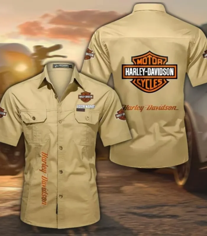 Biker Icon Men's Short Sleeve Cotton Button Shirt, Custom Name CAR392 - Khaki