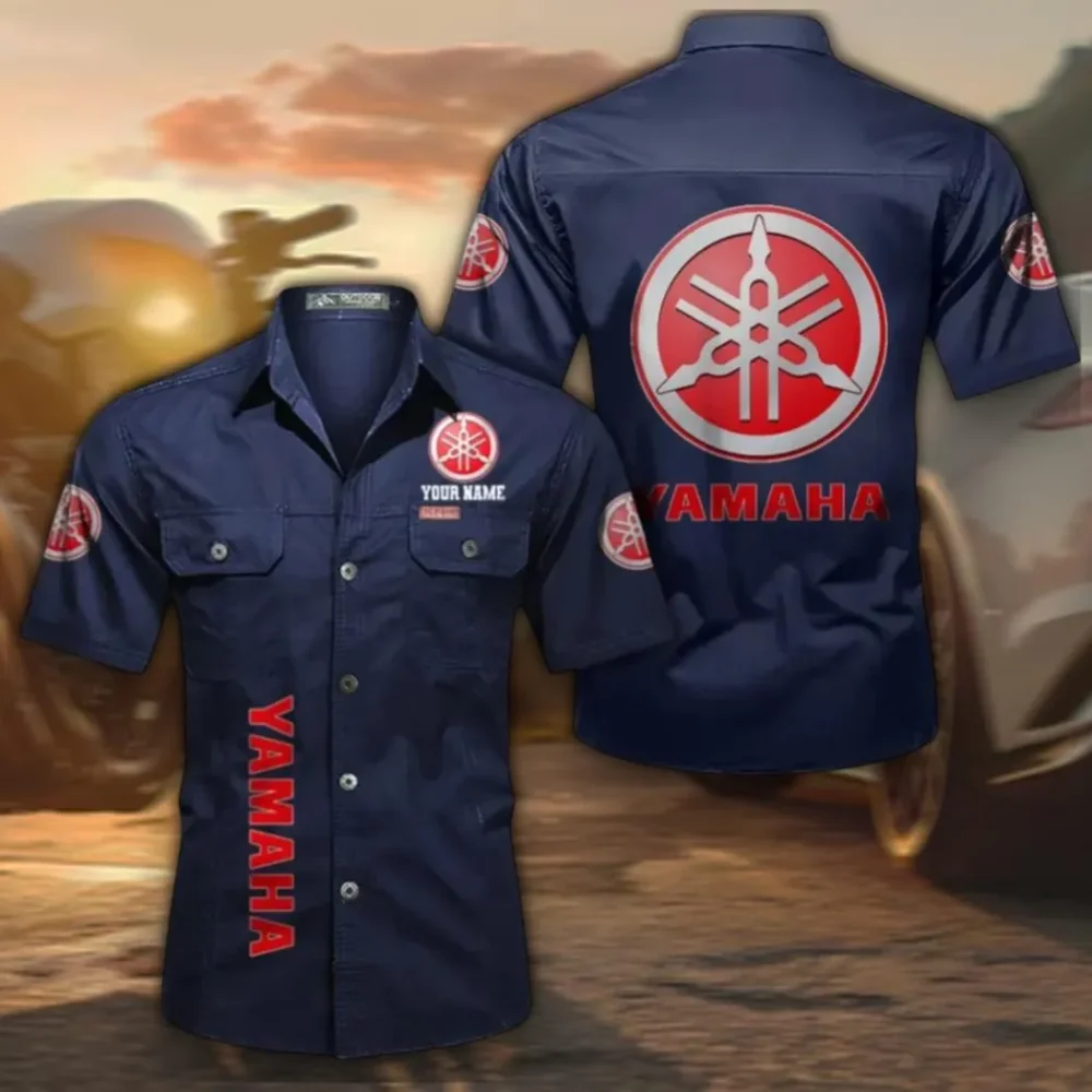 Touring Motorcycle Men's Short Sleeve Button-Up Shirt, Custom Name CAR392 - Dark Blue