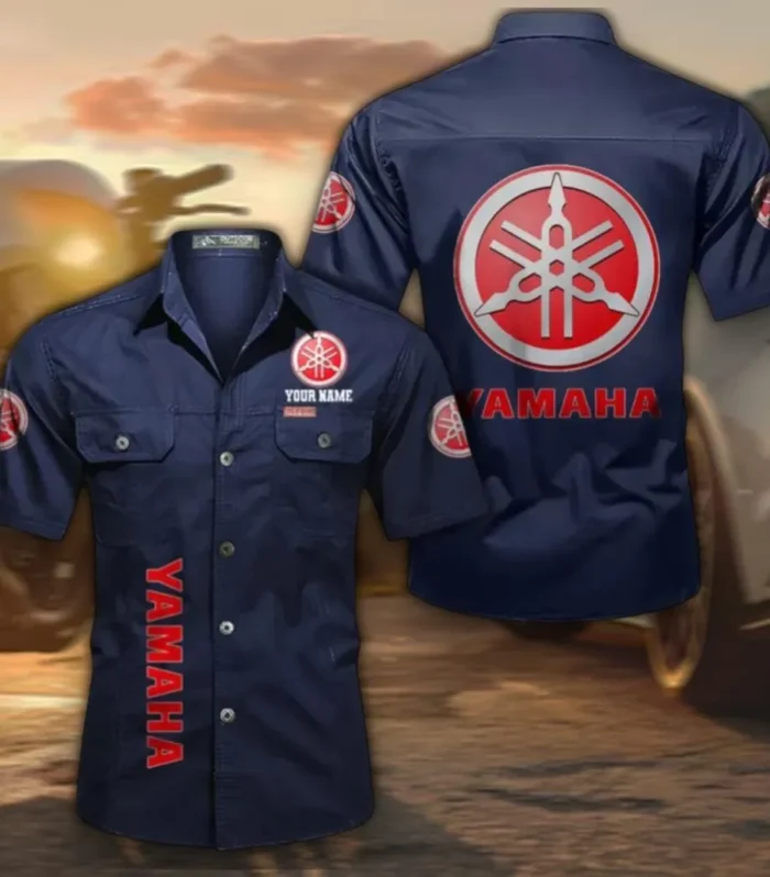 Touring Motorcycle Men's Short Sleeve Button-Up Shirt, Custom Name CAR392 - Dark Blue