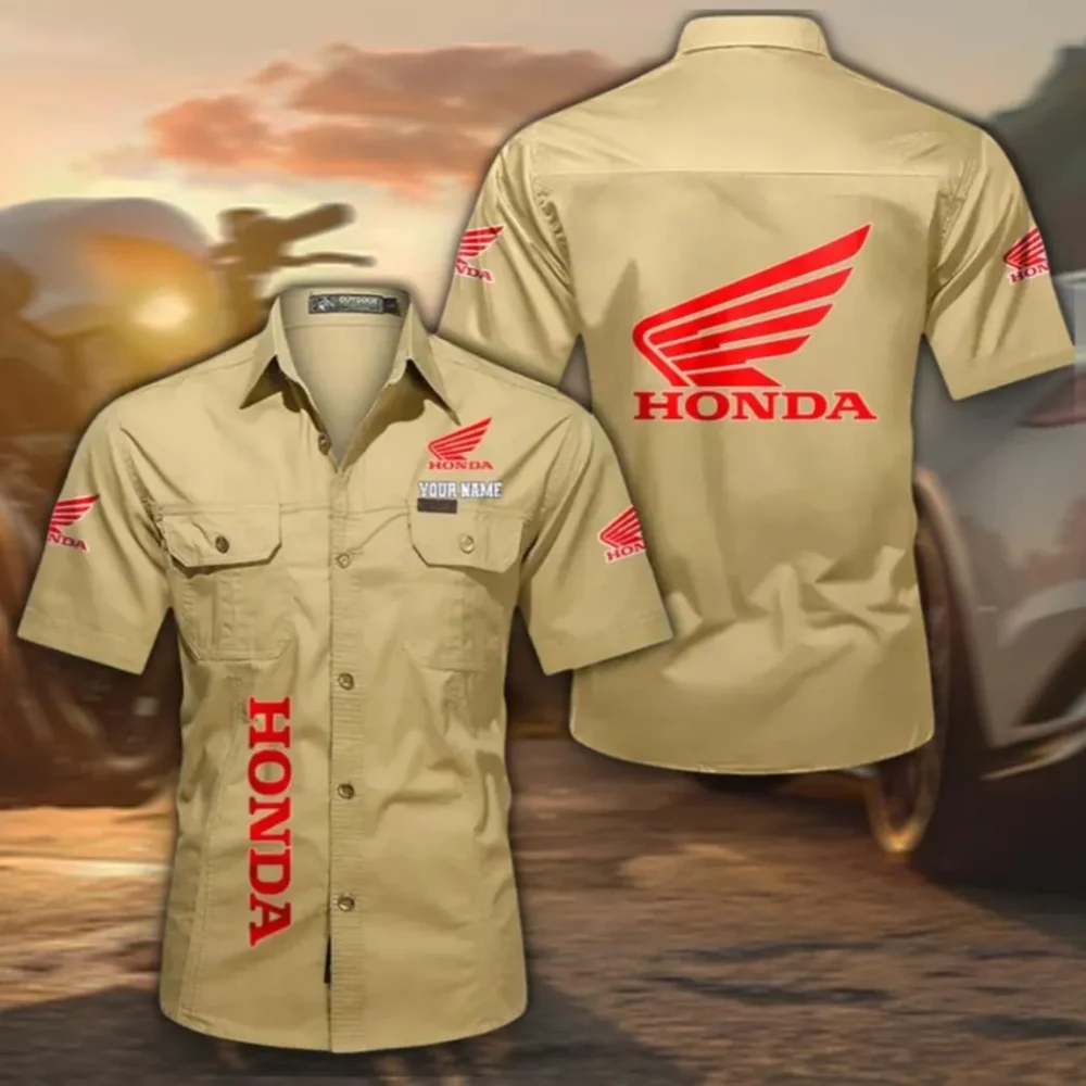 AdventureMotorbike Men's Short Sleeve Cotton Button Shirt, Custom Name CAR392 - Khaki