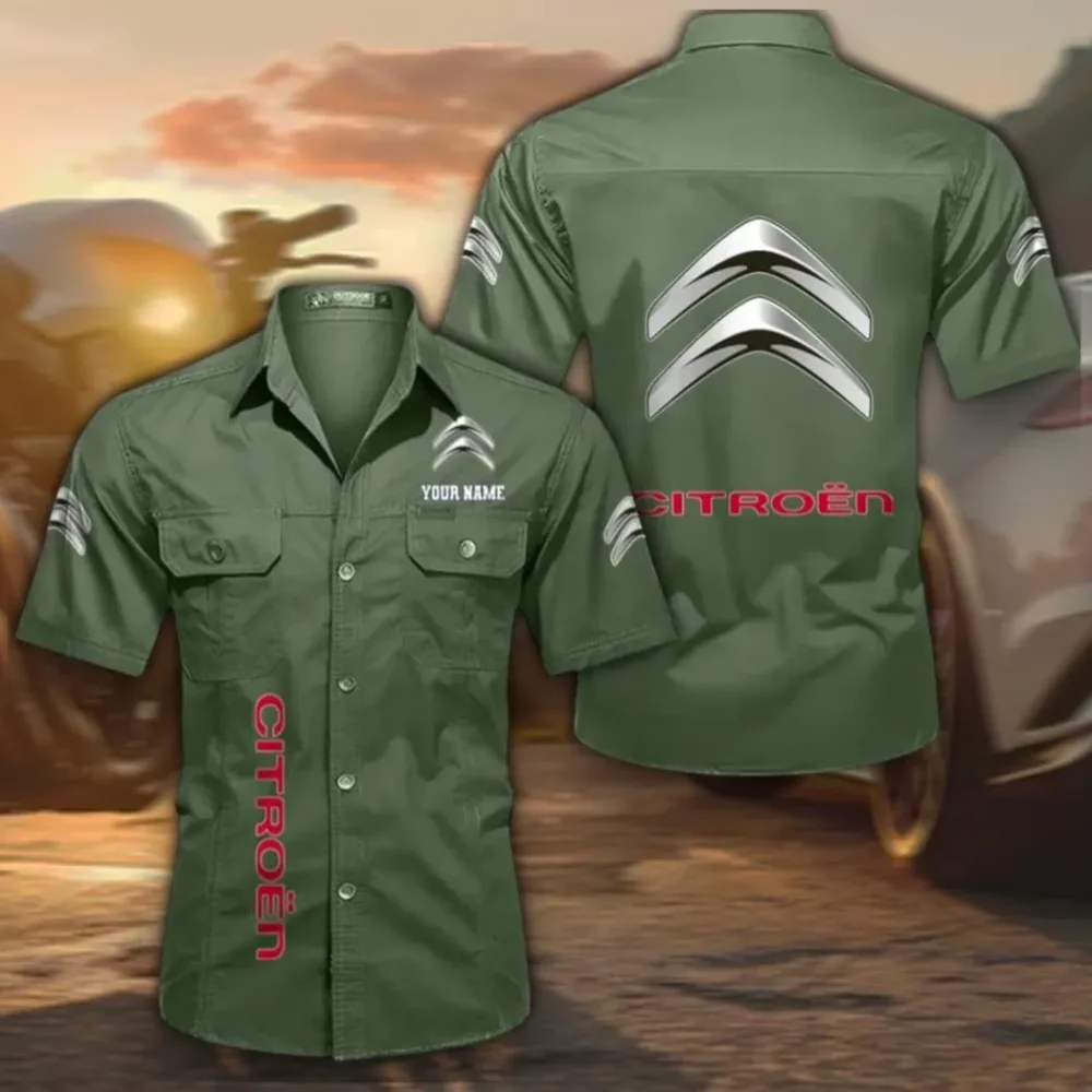 European Car Men's Cotton Short Sleeved Shirt, Custom Name CAR392 - Army Green