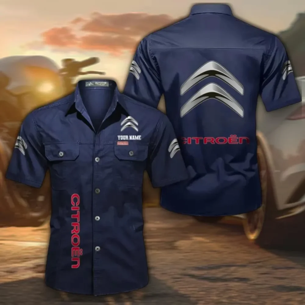 Comfortable Sedan Men's Short Sleeve Button-Up Shirt, Custom Name CAR392 - Dark Blue