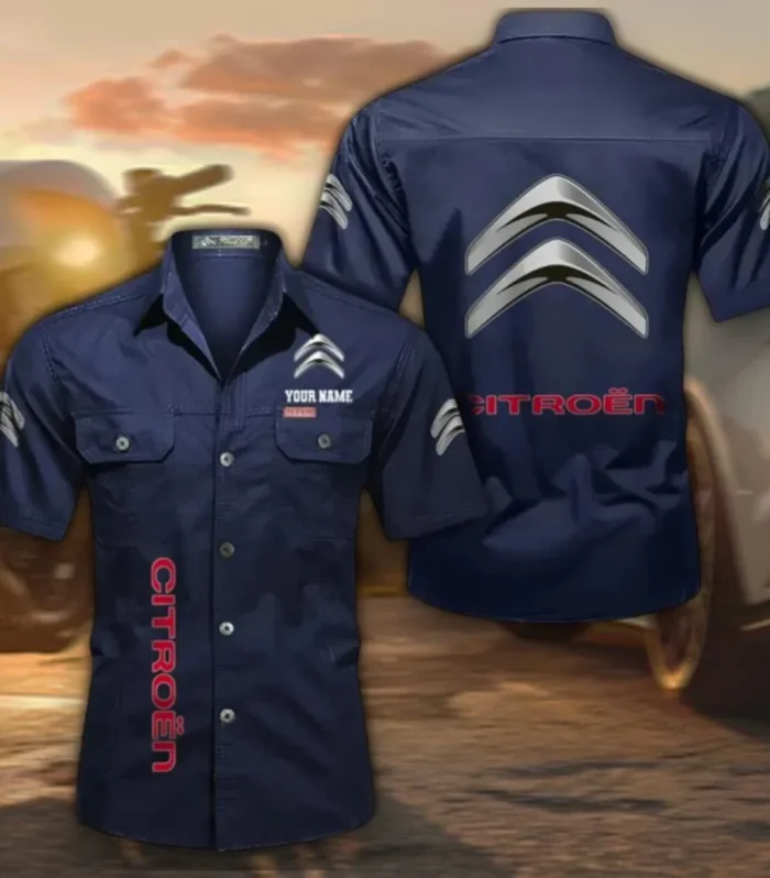 Comfortable Sedan Men's Short Sleeve Button-Up Shirt, Custom Name CAR392 - Dark Blue