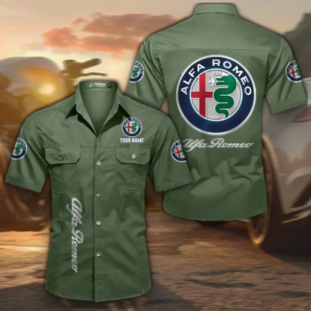 Italian Classic Men's Short Sleeve Cotton Shirt, Custom Name CAR392 - Army Green