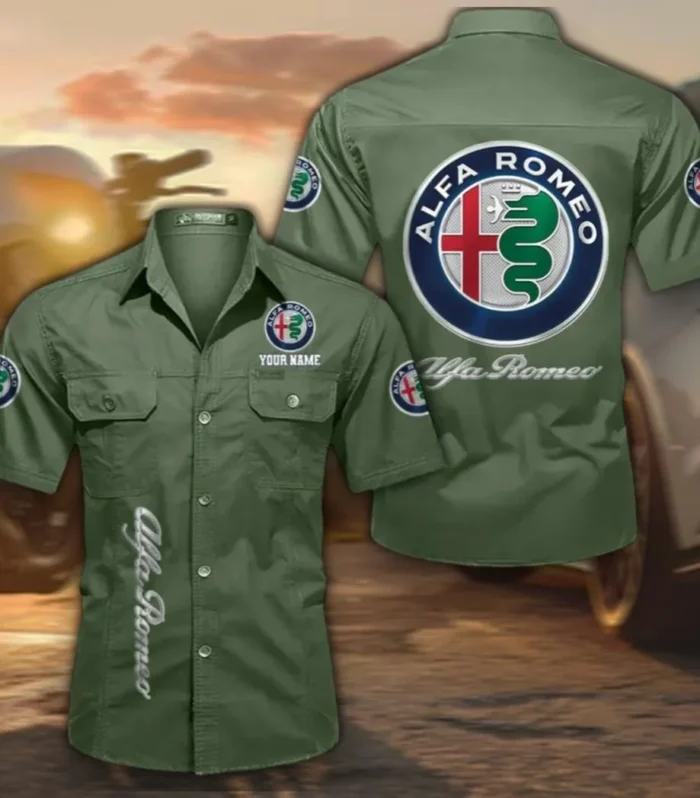 Italian Classic Men's Short Sleeve Cotton Shirt, Custom Name CAR392 - Army Green