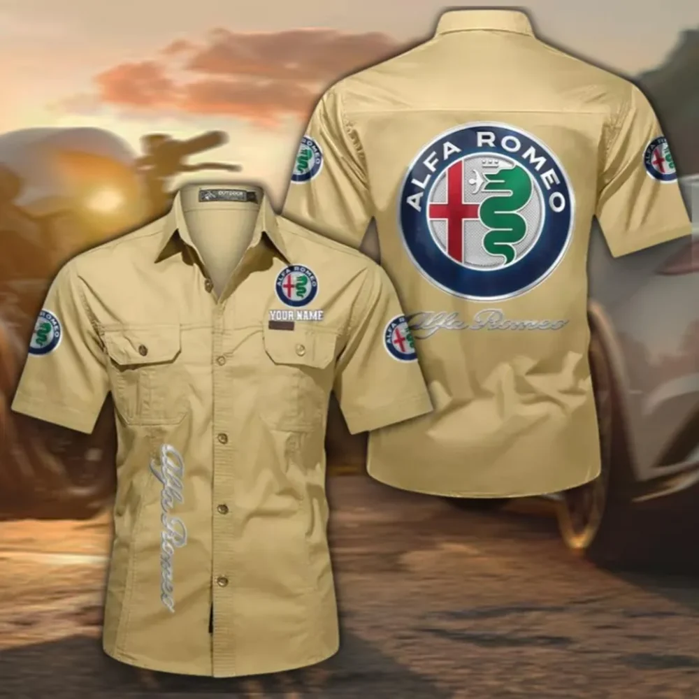 Vintage Ride Men's Short Sleeve Cotton Button Shirt, Custom Name CAR392 - Khaki
