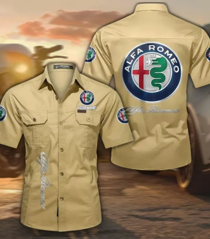 Vintage Ride Men's Short Sleeve Cotton Button Shirt, Custom Name CAR392 - Khaki