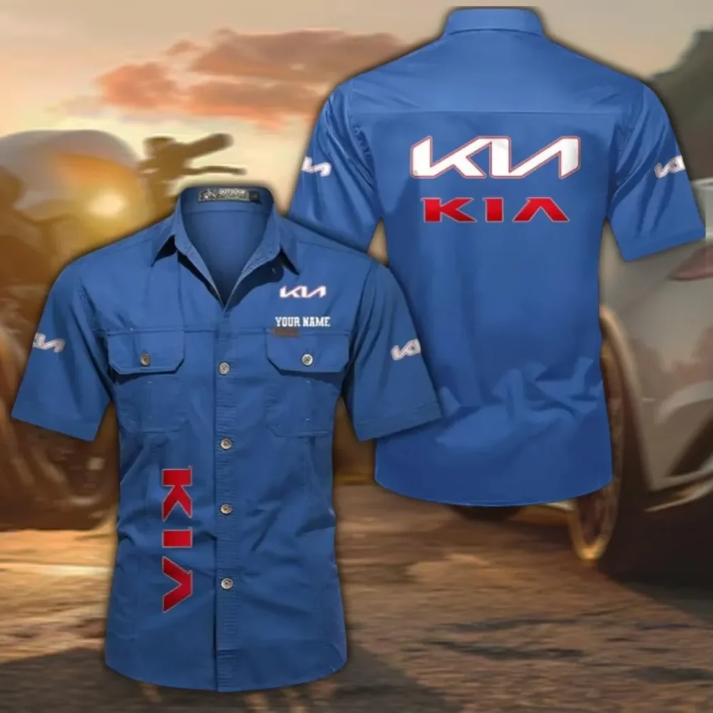 Practical Crossover Short Sleeve Cotton Shirt, Custom Name CAR392 - Cowboy Blue