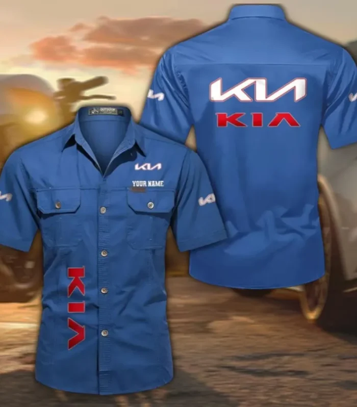 Practical Crossover Short Sleeve Cotton Shirt, Custom Name CAR392 - Cowboy Blue