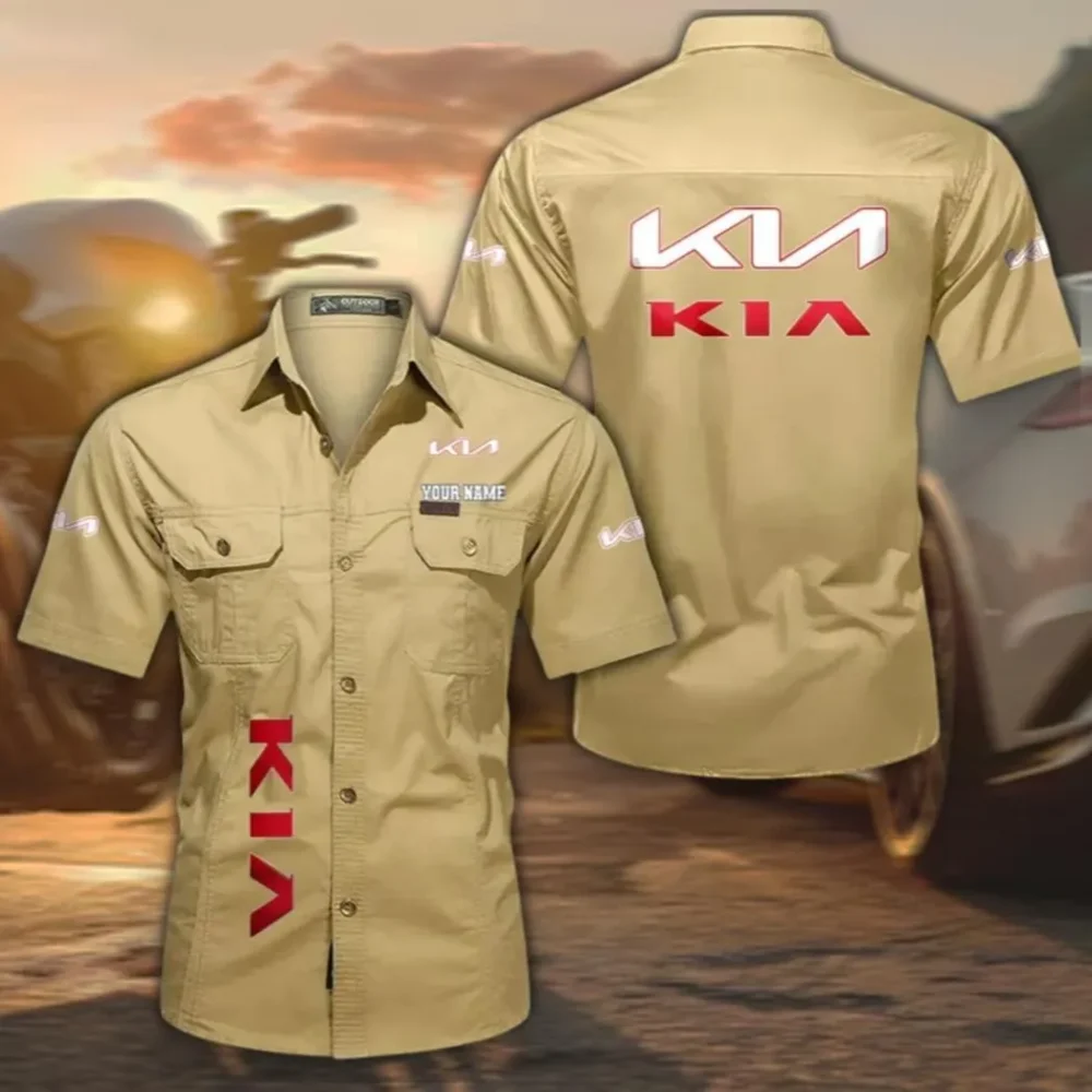 Practical Crossover Men's Short Sleeve Cotton Button Shirt, Custom Name CAR392 - Khaki