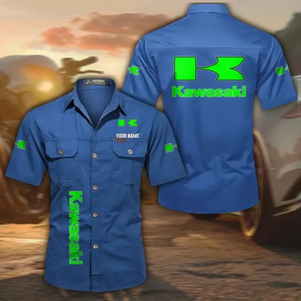 Rider’s Choice Bike Short Sleeve Cotton Shirt, Custom Name CAR392 - Cowboy Blue