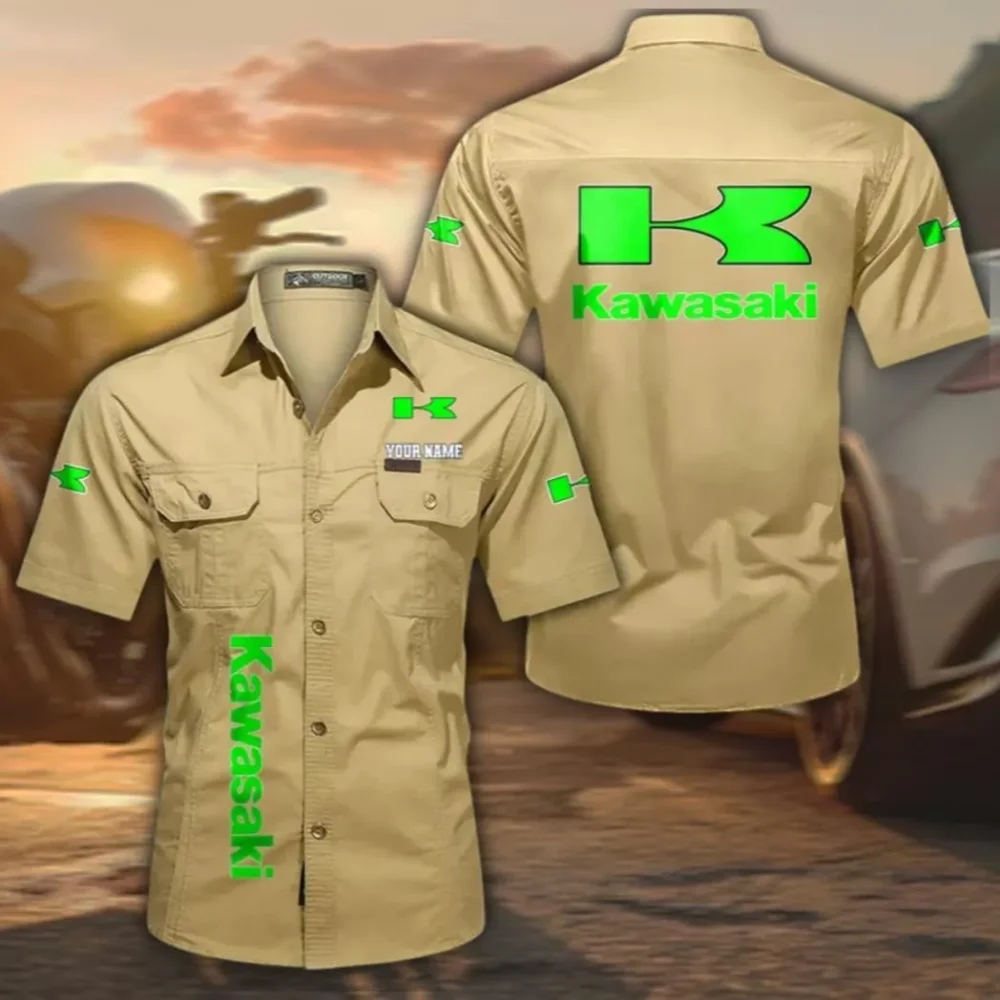 Street Racer Men's Short Sleeve Cotton Button Shirt, Custom Name CAR392 - Khaki