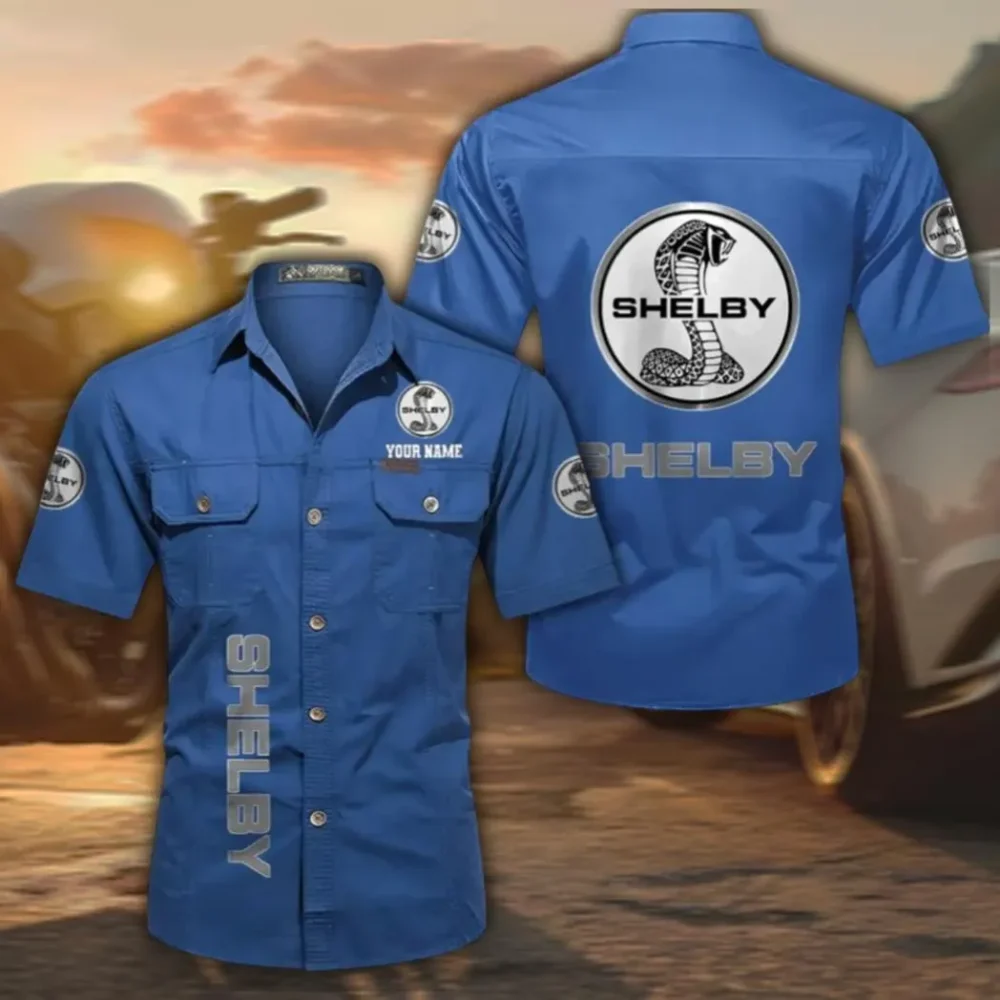 Street Racer Vehicle Short Sleeve Cotton Shirt, Custom Name CAR392 - Cowboy Blue