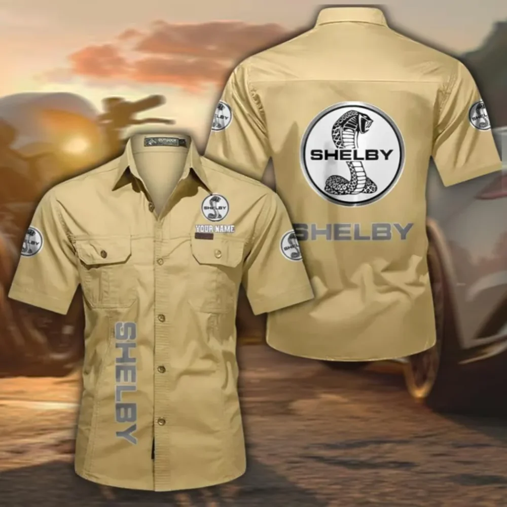 Performance Coupe Men's Short Sleeve Cotton Button Shirt, Custom Name CAR392 - Khaki