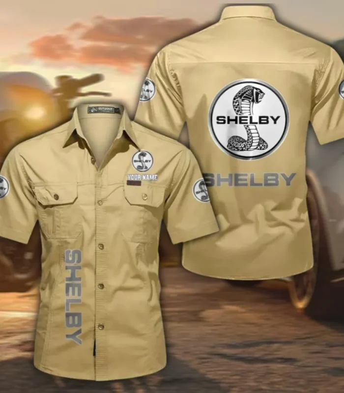 Performance Coupe Men's Short Sleeve Cotton Button Shirt, Custom Name CAR392 - Khaki