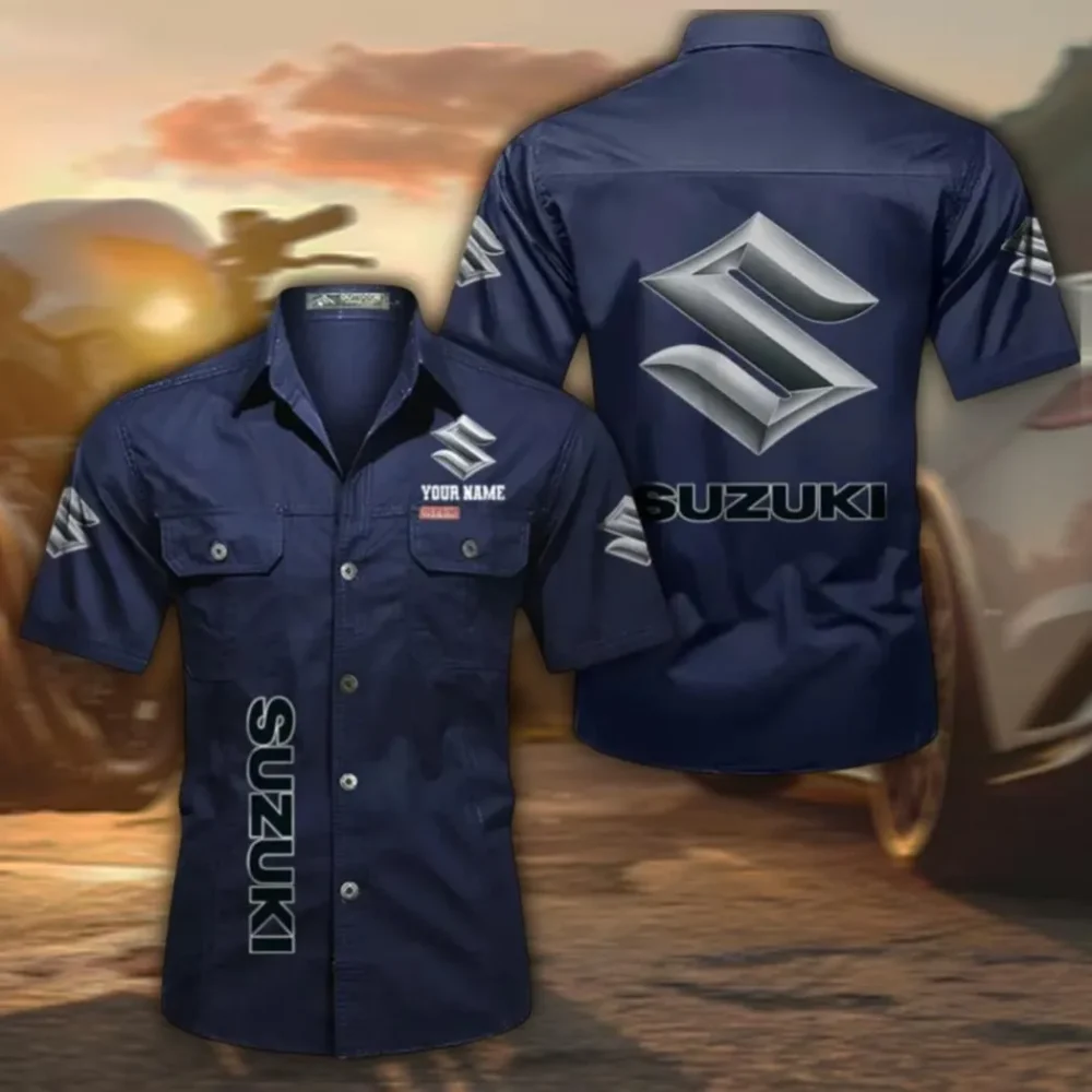 Speed Demon Men's Short Sleeve Button-Up Shirt, Custom Name CAR392 - Dark Blue