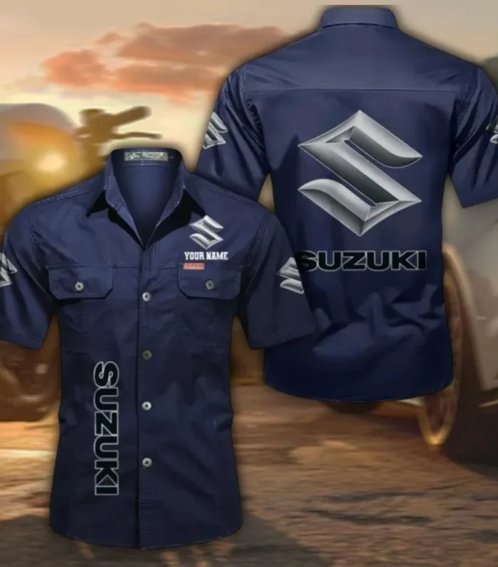 Speed Demon Men's Short Sleeve Button-Up Shirt, Custom Name CAR392 - Dark Blue