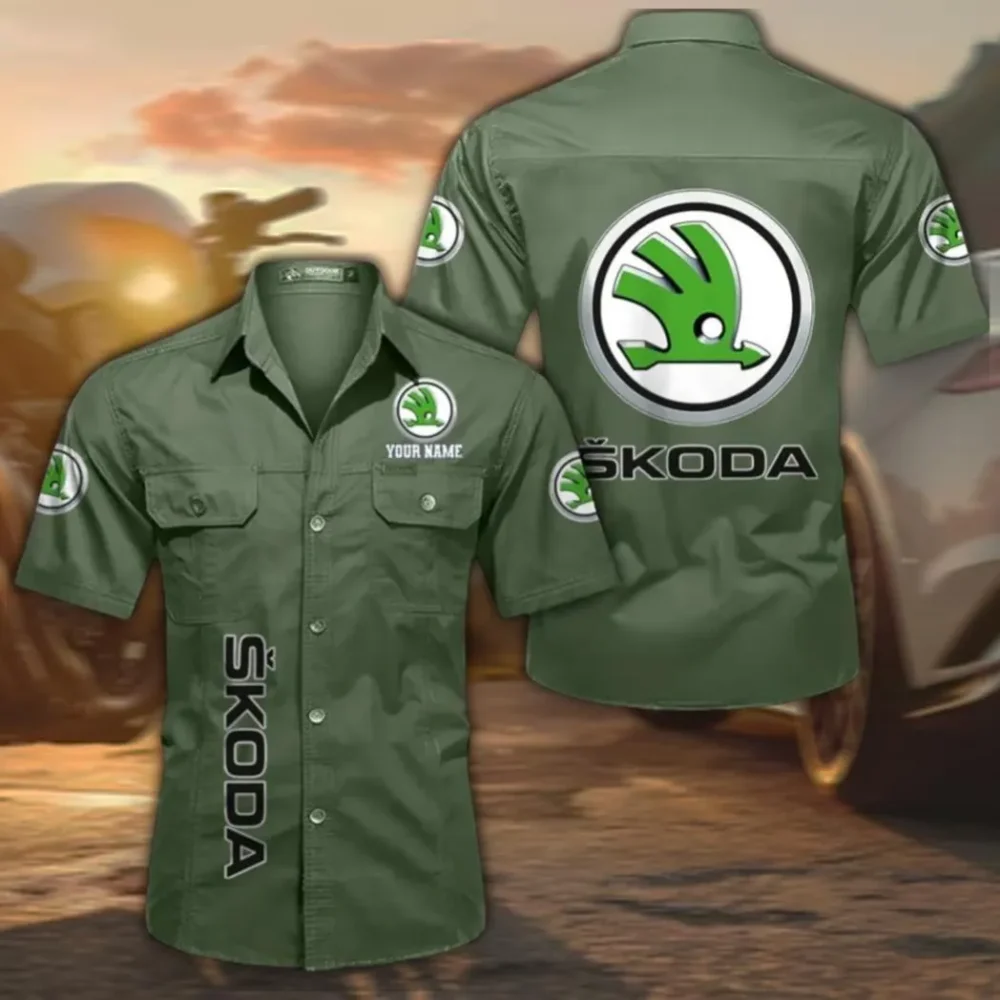 European Family Car Men's Cotton Short Sleeved Shirt, Custom Name CAR392 - Army Green