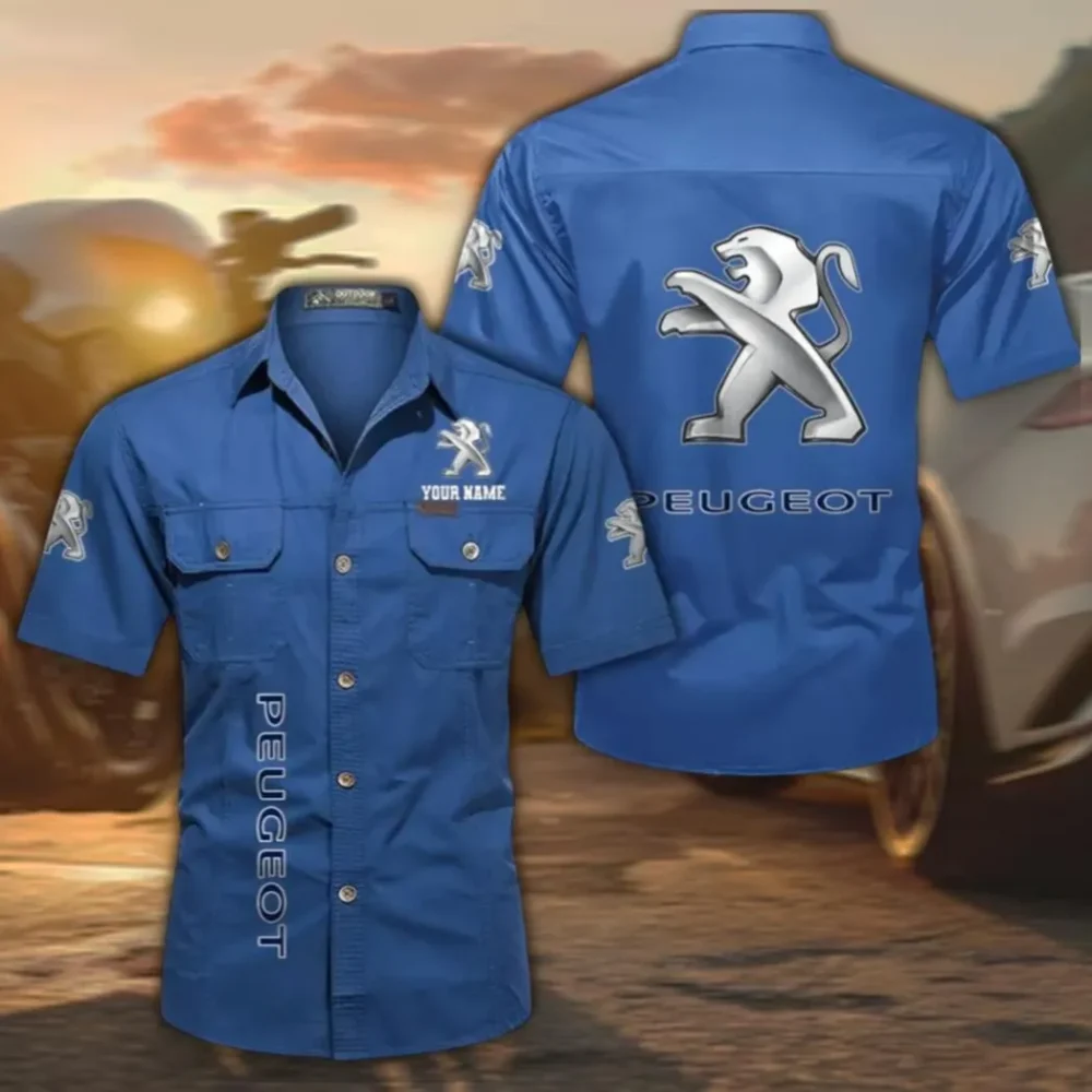 Family Auto Short Sleeve Cotton Shirt, Custom Name CAR392 - Cowboy Blue