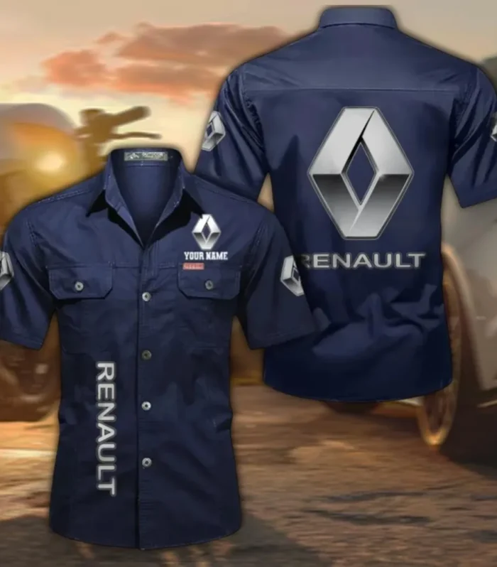 Family Sedan Men's Short Sleeve Button-Up Shirt, Custom Name CAR392 - Dark Blue
