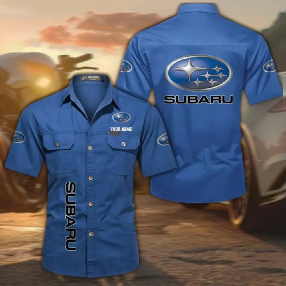 Trail-Ready Auto Short Sleeve Cotton Shirt, Custom Name CAR392 - Cowboy Blue